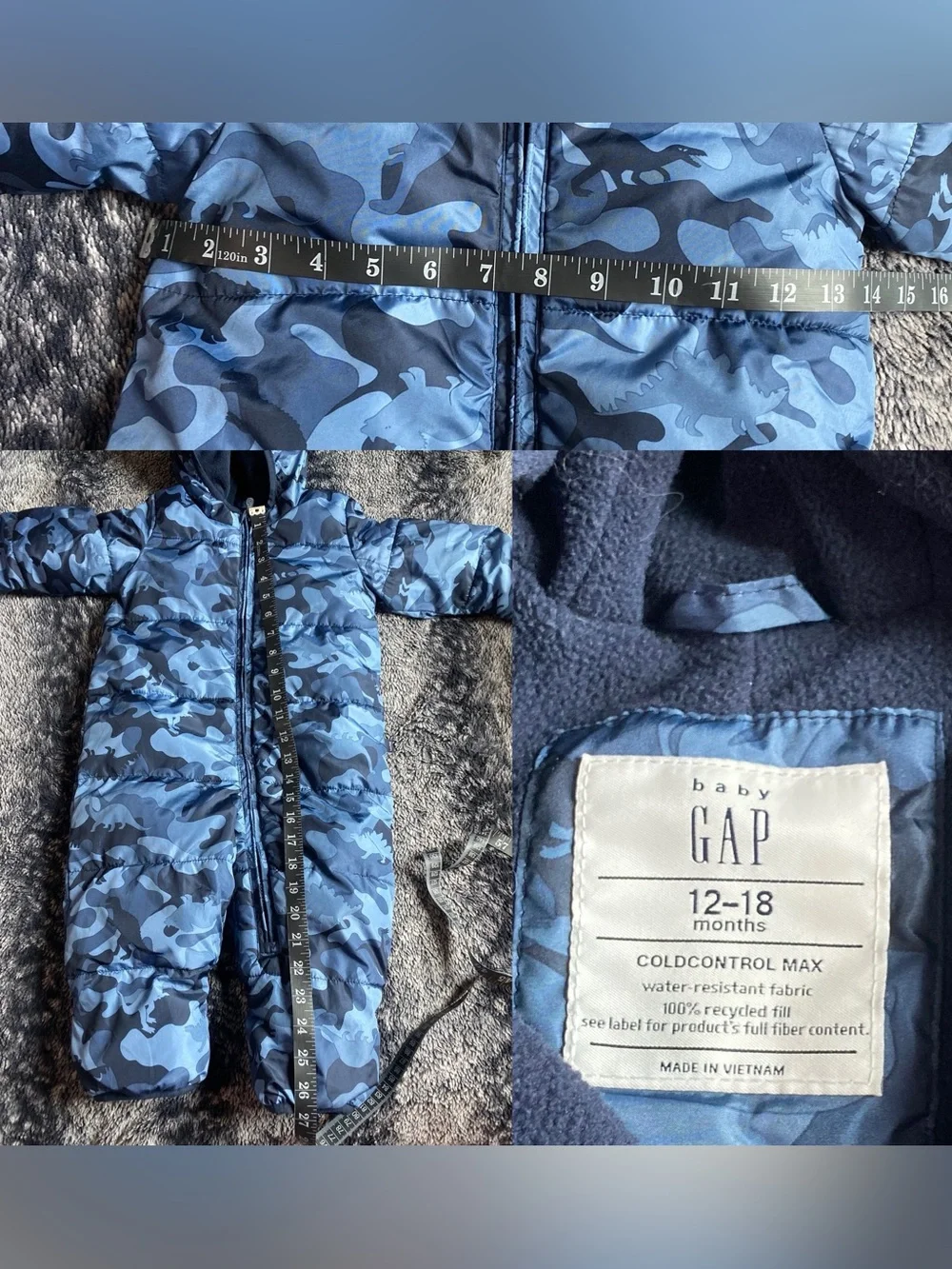 Baby Gap Boys 12-18 Months Blue Camp Dinosaur Print Hooded Snowsuit